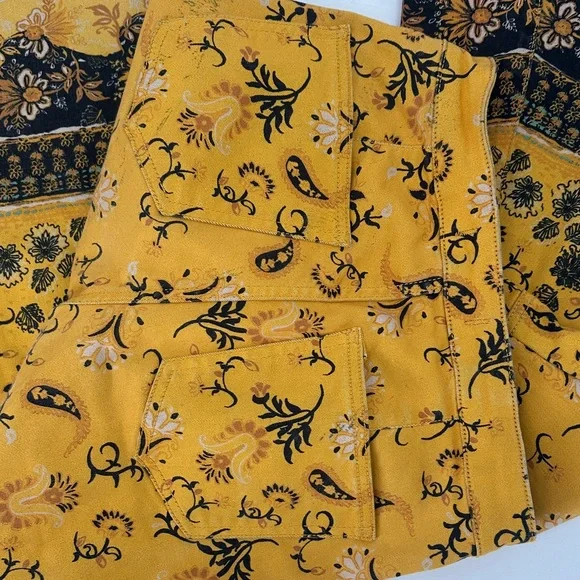 Free People Just Float On denim Floral Yellow Boho Pants flare - Picture 8 of 8